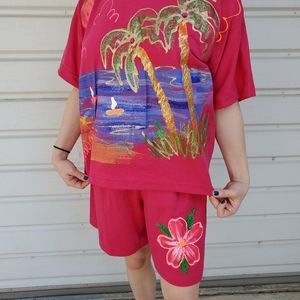 Vtg Hawaiian Hand-Painted Top & Short Set